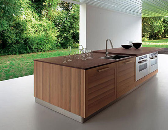 Contemporary Fiamma kitchen use smooth cabinet fronts banded with stripes dark grain