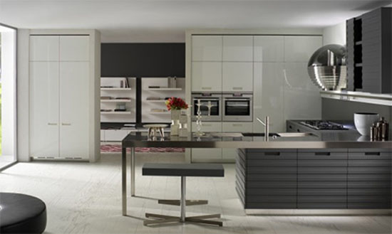 Contemporary kitchen equipped by high gloss storage cupboards contrast with matt island in linear