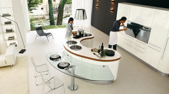 Curved Kitchen Island with Transparent glass tables from Record Cucine
