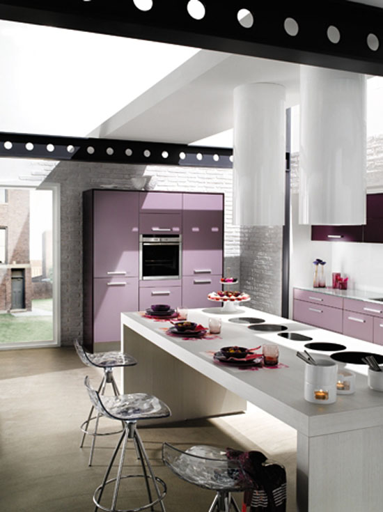 Cylindrical cooker hood in light colors from Violet kitchen Mobaplas