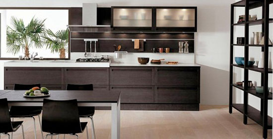 Dark Oak Wood Kitchen Designs combine high glossy colorful lacquer