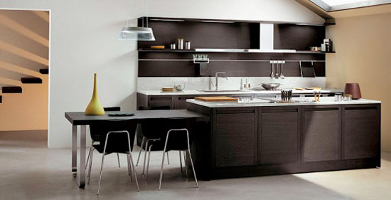 Dark Oak Wood Kitchens Design combine high glossy colorful lacquer