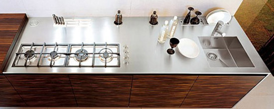 Ebony kitchen with geometric shape dominates uses grained wood stretches
