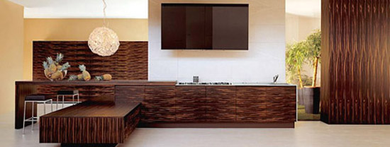 Ebony kitchen with geometric shapes dominates uses grained wood stretches