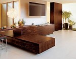 Ebony kitchen with geometric shapes dominates uses grained woods stretches