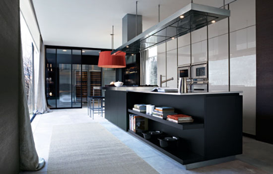 Smooth linear functional kitchen with vertical full height cabinets and floating island