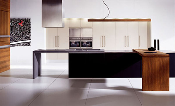 Striking Linear blend wood kitchen design generous stainless steel work surface inside