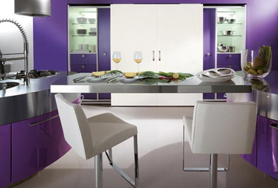 Ultra modern purple kitchen with cylindrical fan above stovetop