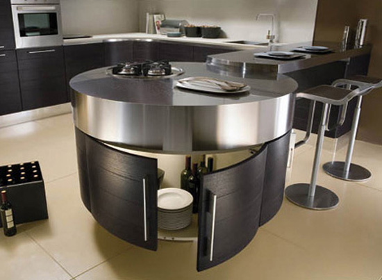 Ultra modern purple kitchen with cylindrical fan above stovetop