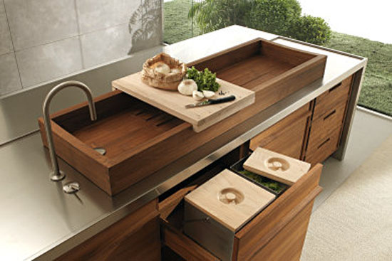 Water resistant kitchen with classics recessed sink or a fabulous teak sink