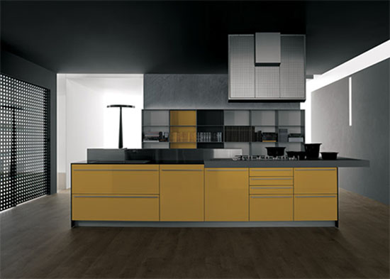 Yellow grey Kitchen with snack bar in recyclable wood by Artematica Vitrum