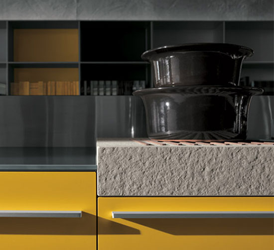 Yellow grey Kitchen with snack bar in recyclables wood by Artematica Vitrum