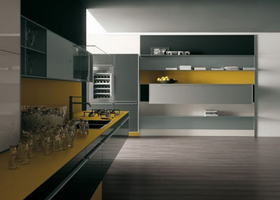 Yellow  grey Kitchen with snacks bar in recyclable wood by Artematica Vitrum