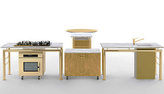autonomous modular kitchen parts surrounded by rectangular worktop and contrasted by circular table