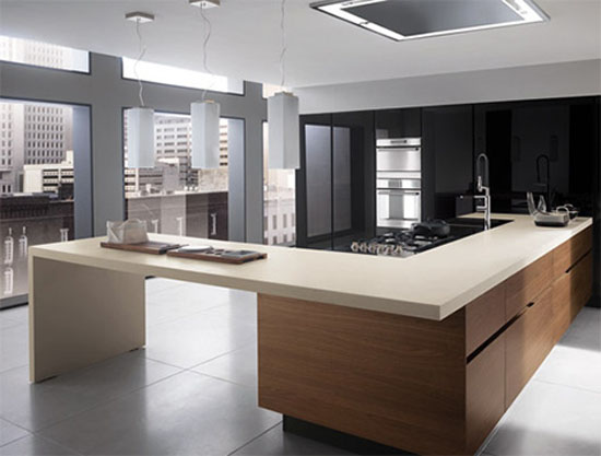bisque kitchen countertop and peninsula extends into useful breakfast island by Ernestomeda