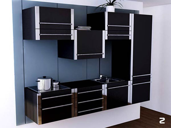 black Sliding Kitchen Cabinet System and white kitchen wall in small spaces