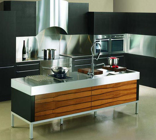 black cabinets accented with wood grain and island panels of lush American apple