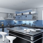black kitchen island contrast to white and pale blue walls