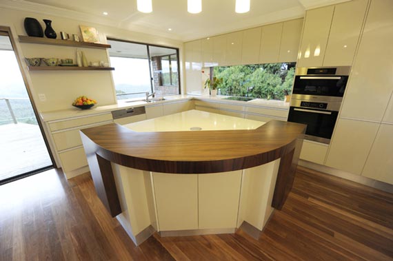 Contemporary kitchen design dominated by bright wood color