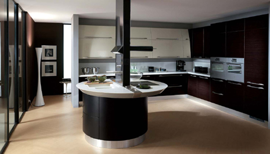 contemporary kitchen expanses drawn of bold color topped with smooth stainless steel