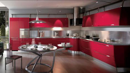 contemporary kitchen expanses drawn of bold colors topped with smooth stainless steel