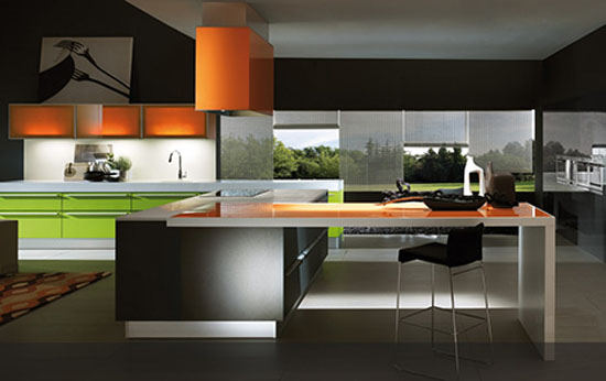cool kitchen with orange glass glacier white Corian and sharp green lacquered surfaces
