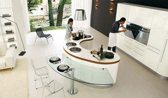 curved kitchen island with custom cabinetry give ergonomic kitchens design