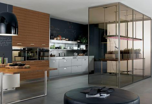 deep grey kitchen color perfectly by the stainless steel ceiling-mounted overhead rack looks linear and fresh