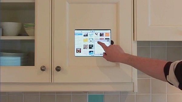 iPad Mounted in Kitchen Cabinet easily removed with a lift and then slide up