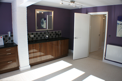 kitchen color settings White and purple for 3m x 3m small kitchen design interior