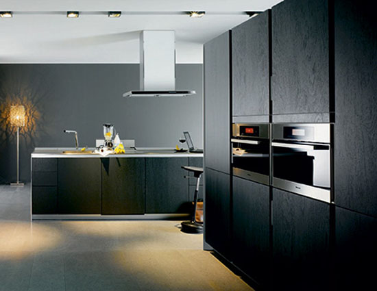 kitchen design with thick worktop top cupboard and natural panels in light or dark finishes