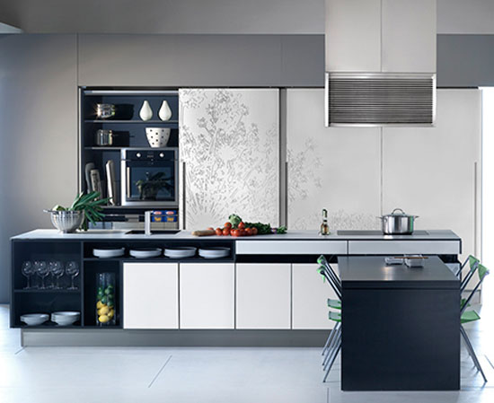 massive paneled wall units Urban Kitchens from Bazzeo New Gaia covered with a light organic pattern