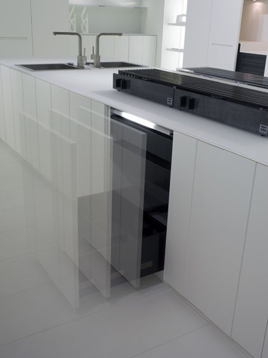 natural lava stone, wood steel and aluminium achieves geometrical harmony Italian white kitchens design