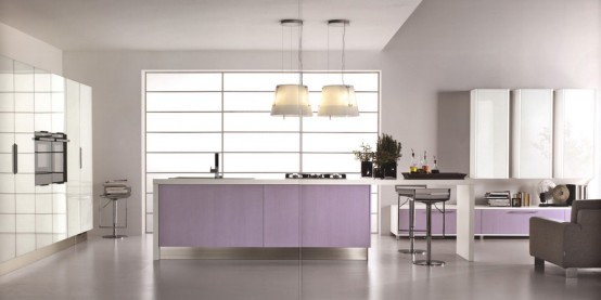 purple and pink kitchen provides enough room for cooking and dinner