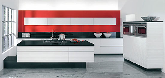 red and white modern kitchen design with no handles with free standing cooking island