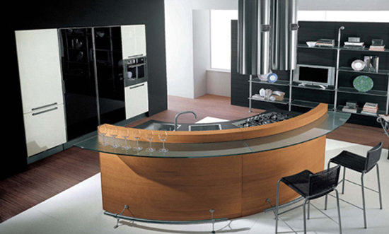 rounded kitchen design has strict straight passageways and linear surfaces by Cucine Lube