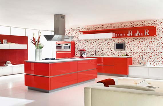 Trendy kitchen design with fresh red colorful theme