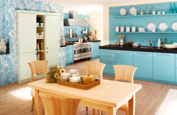 Trendy kitchen design with fresh turqoise colorful theme