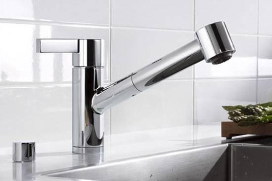 1.	unique sleek and shiny silver color kitchen faucet from Dornbracht Eno