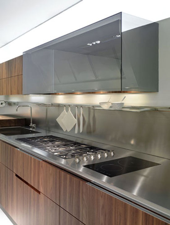 walnut kitchen lacquer reflective glass system with white wooden worktop