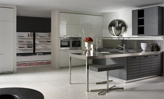Contemporary kitchens equipped by high glos storage cupboard contrast with matt island in linear