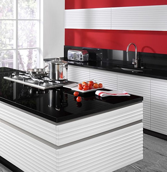 red and white moderns kitchen design with no handles with free standing cooking island