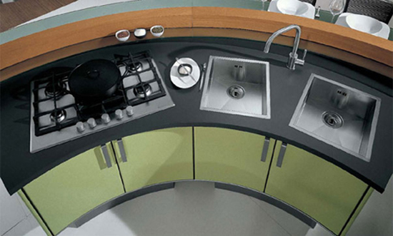 rounded kitchen design has strict straight passageway and linear surfaces by Cucine Lube