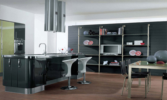 rounded kitchen design has strict straight passageway linear surfaces by Cucine Lube
