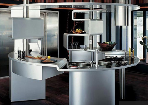 rounded kitchen with stainless steel for minimalist kitchen style