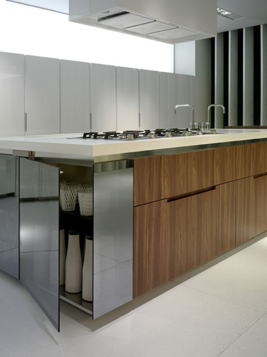 walnut kitchen lacquer reflective glass system with white wooden worktops