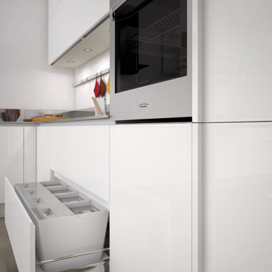 white on white kitchens with full height handles on the cupboards by Ernestomeda