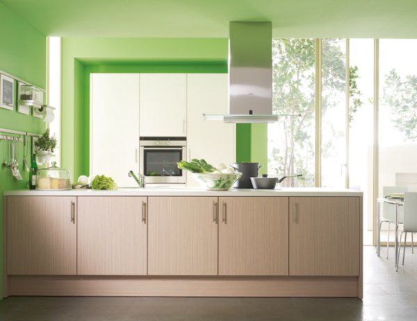 wood brown kitchen cabinet green wall